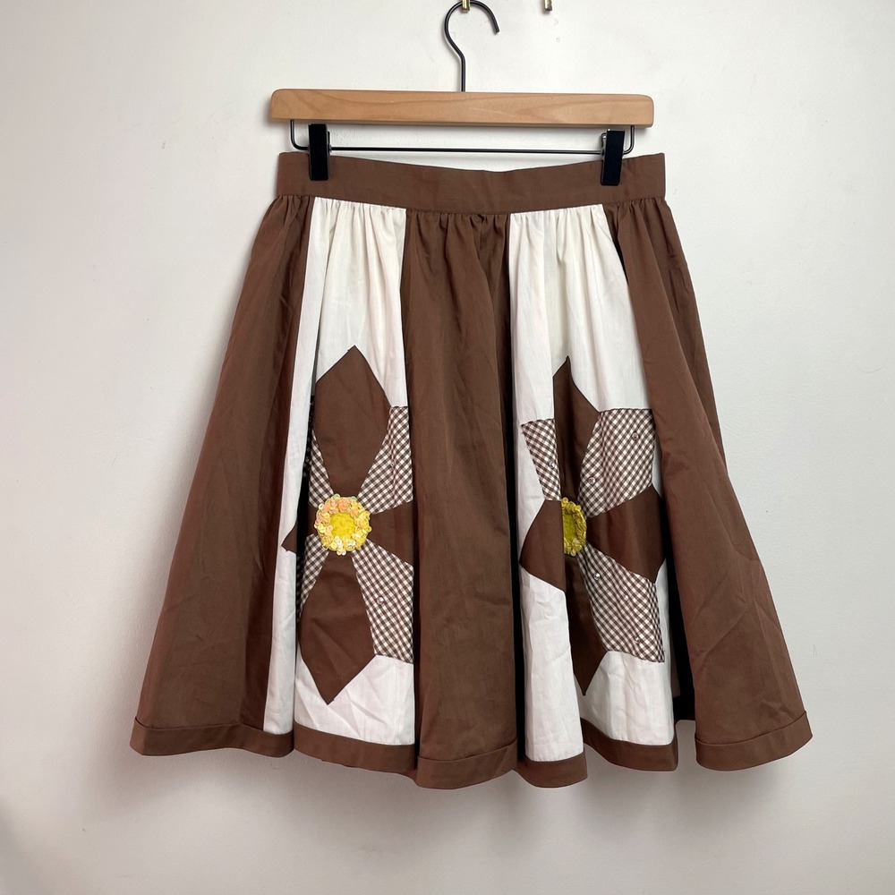 Vintage  Brown White Patchwork Gingham Flower Skirt Small Folk Prairie Country